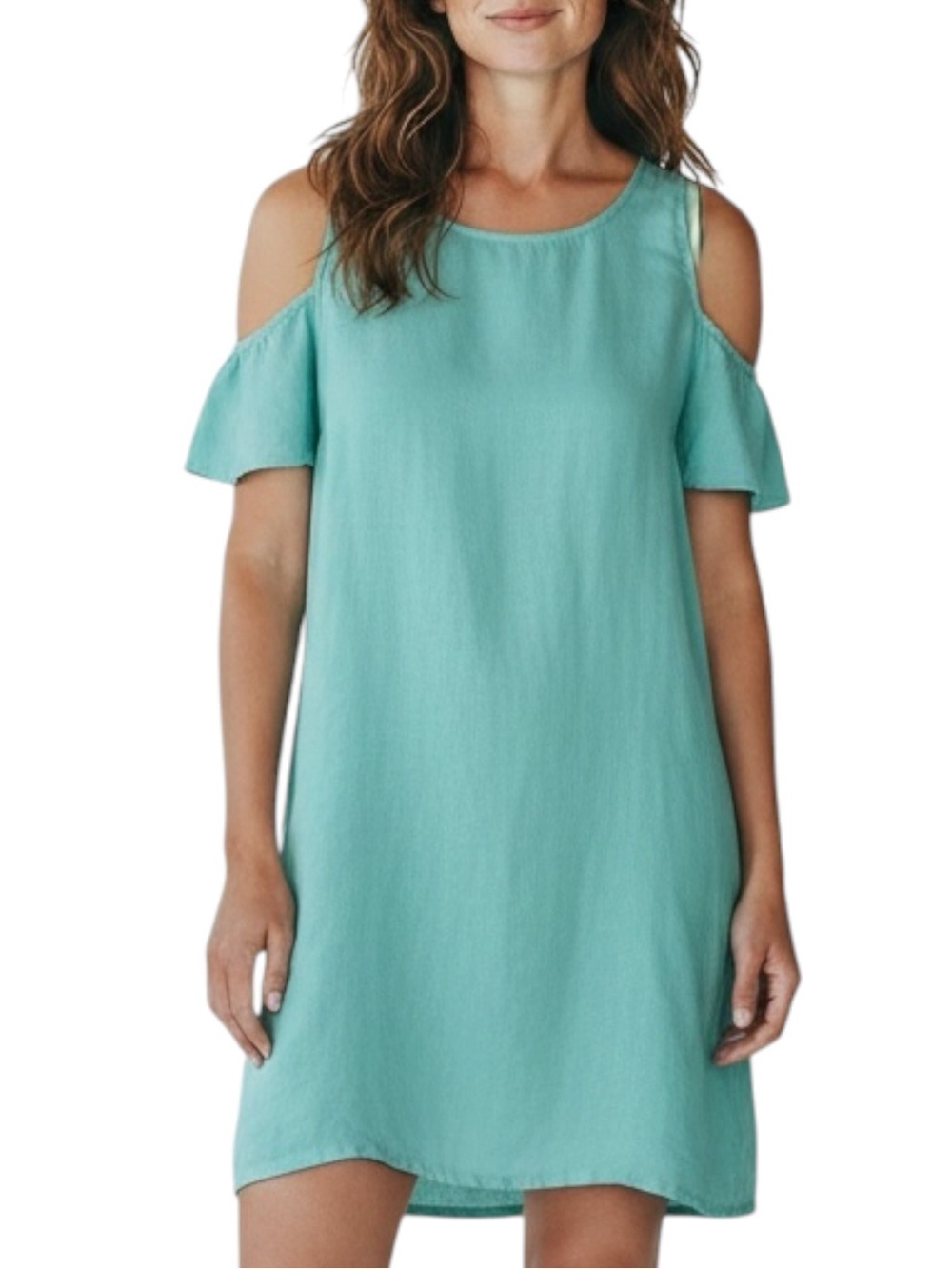 MATCH POINT 100% Linen Cold-Shoulder Shift Dress in Aqua Teal Size Medium